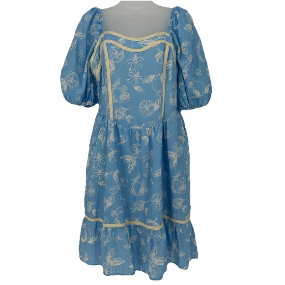 Baltic Born Floral Citrus Mini Dress Smocked‎ Ruffle Puff Sleeve Multicolor - Picture 2 of 7